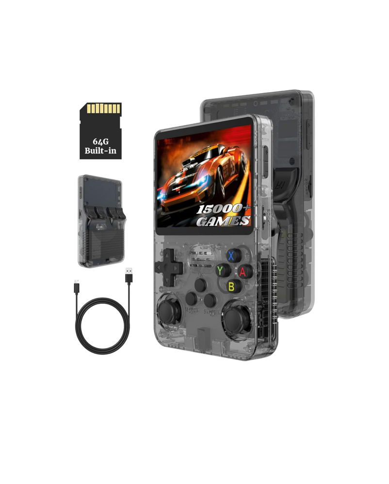 جهاز ألعاب محمول ديجي كور R36S – شاشة 3.5” – أكثر من 15000 لعبة – نظام لينكس – بطاقة 64GB – أسود شفاف